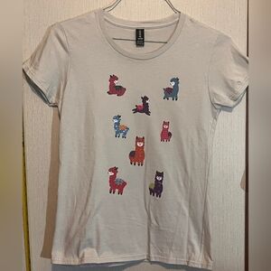 Anvil Women’s Light Gray Short Sleeve Tee with Colorful Llama Print